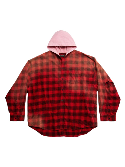 Balenciaga Oversized Distressed Flannel Hooded Shirt In Red