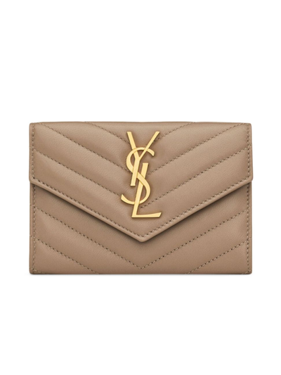 Saint Laurent Small Quilted Leather Envelope Wallet In Dusty Grey