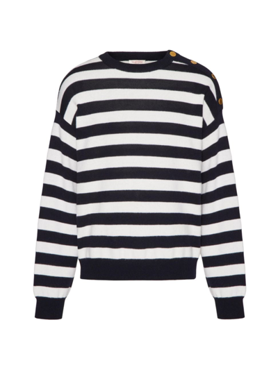 Valentino Embroidered Accents Cotton Blend Sweater In Blue White Stripes