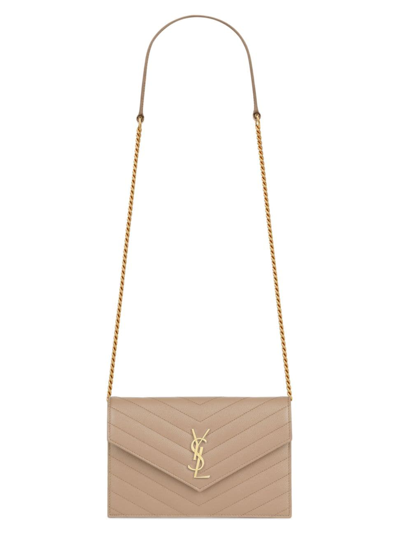 Saint Laurent Women's Cassandre Envelope Chain Wallet In Grain De Poudre Leather In Dark Beige