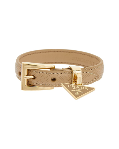 Prada Logo Enameled Metal Triangle Charm Leather Bracelet In Beige