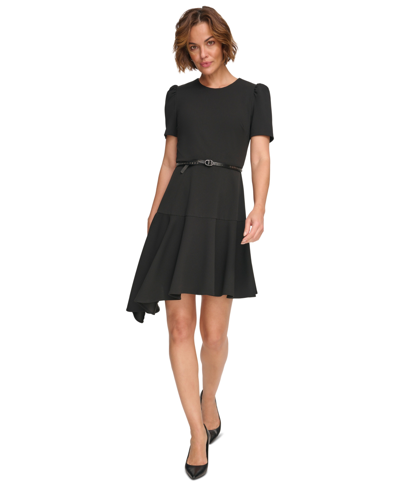 Dkny Women's Belted Asymmetric-hem Ruffle Dress In Black