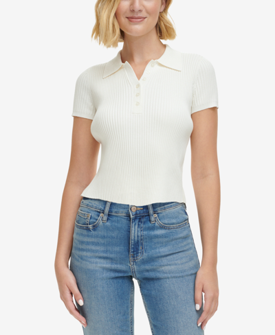 Calvin Klein Jeans Est.1978 Women's Ribbed Quarter-button Polo Shirt In Mascarpone