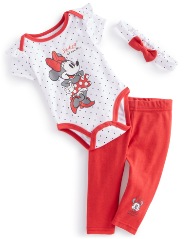 Disney Baby Girls Minnie Mouse Headband, Bodysuit And Leggings, 3 Piece Set In White