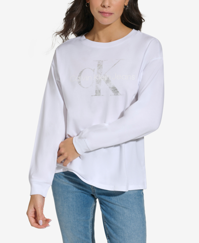 Calvin Klein Jeans Est.1978 Women's Monogram Logo Long-sleeve T-shirt In White,silver