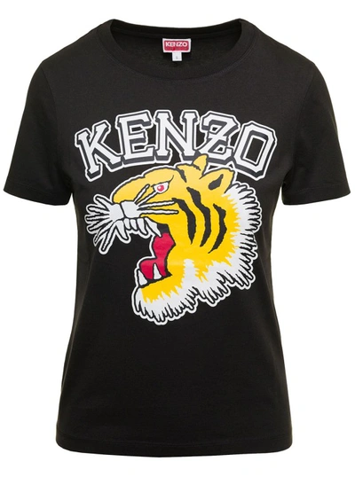 KENZO BLACK T-SHIRT WITH TIGER LOGO PRINT IN COTTON