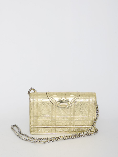 Tory Burch Fleming Soft Metallic Square Quilt Chain Wallet Bag In Gold