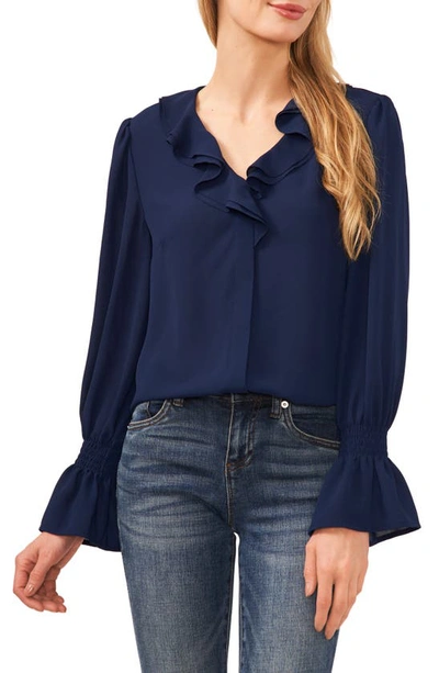 Cece Ruffle V-neck Top In Classic Navy