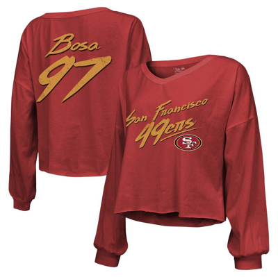 Majestic Threads Nick Bosa Scarlet San Francisco 49ers Name & Number Script Off-shoulder Cropped Lon