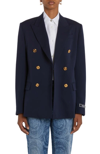 Versace Crop Double-breasted Wool Blazer In Blue