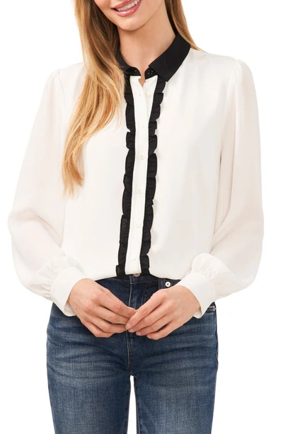 Cece Contrast Ruffle Button-up Top In New Ivory