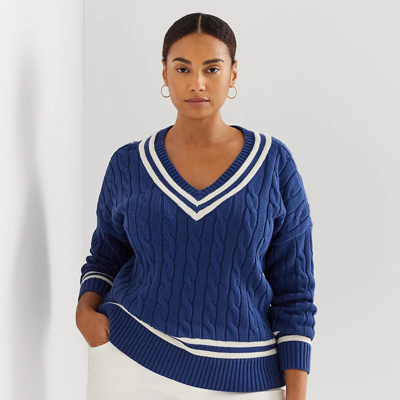 Lauren Woman Cable-knit Cricket Sweater In Indigo Sail/cream
