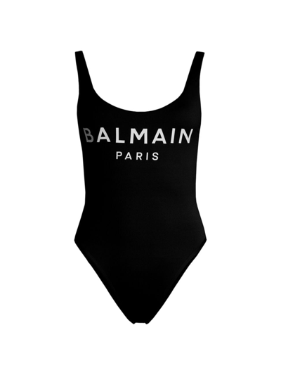 Balmain Women's Logo One-piece Swimsuit In Black White