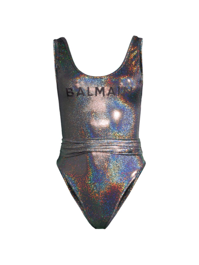 Balmain Women's Metallic Logo One-piece Swimsuit In Black Silver