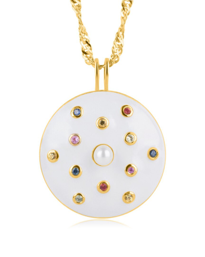 Max + Stone Maxcolor 14k Plated 0.63 Ct. Tw. Sapphire & 2.5mm Pearl Pendant Necklace In White