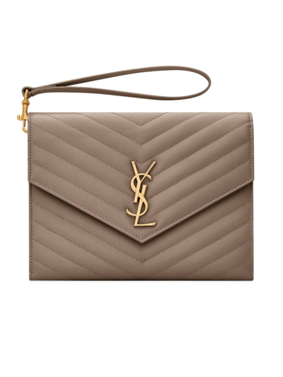 Saint Laurent Women's Cassandre Matelasse Flap Pouch In Quilted Grain De Poudre Embossed Leather In Taupe