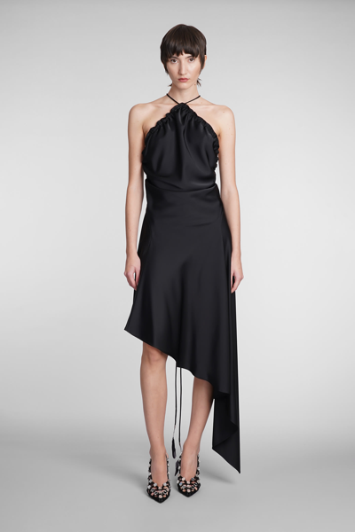 Attico Asymmetric Satin Midi Dress In Black