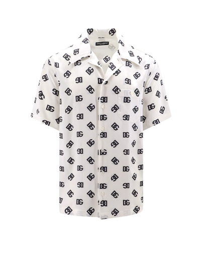 Dolce & Gabbana Silk Hawaiian Shirt With Dg Monogram Print In White,black