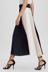 REISS AVA - NAVY/NUDE COLOURBLOCK PLEATED MIDI SKIRT, US 10