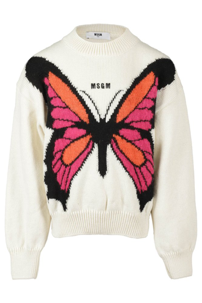 Msgm Kids' Butterfly Intarsia-knit Jumper In Beige