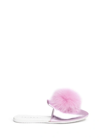 Joshua Sanders Fox Fur Pompom Metallic Leather Slippers In Pink