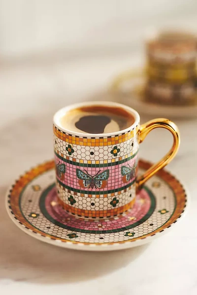 Anthropologie The Bistro Tile Stoneware Espresso Cup & Saucer: Garden Edition In Pink