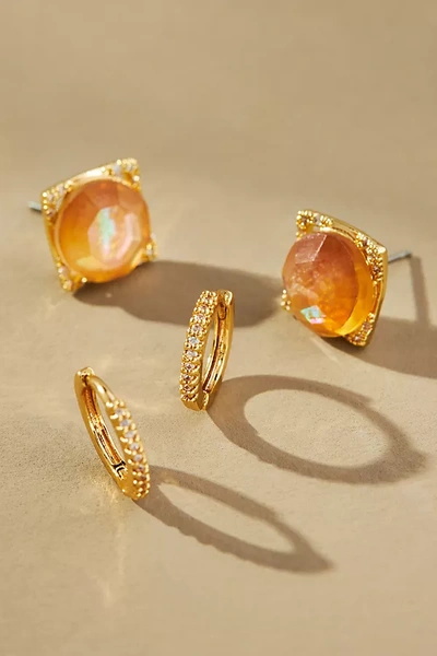 By Anthropologie Boho Stone Huggie Hoop Earrings, Set Of 2 In Orange