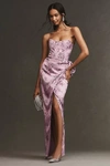 V. Chapman June Corset Front-slit Gown In Pink