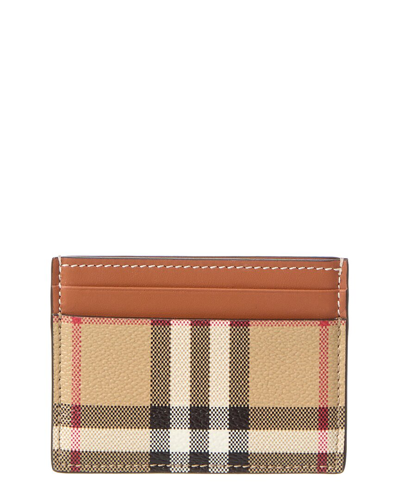 Burberry Check E-canvas & Leather Card Holder In Beige