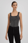 Good American Black  Embellished Square Neck Thong Bodysuit In Black
