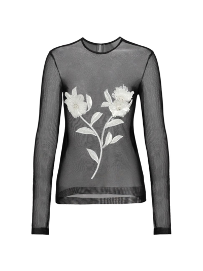 Norma Kamali Women's Floral Embroidered Mesh Top In Black And Snow White