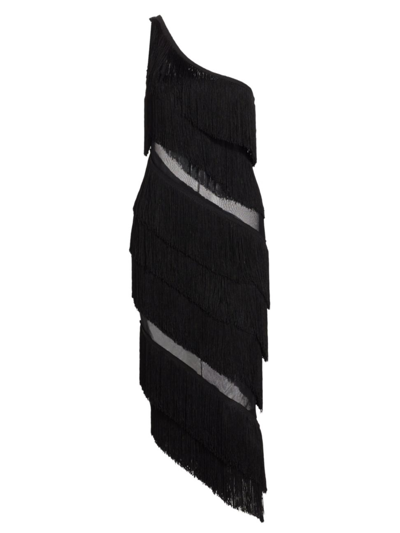 Norma Kamali Fringed One-shoulder Jersey Midi Dress In Black