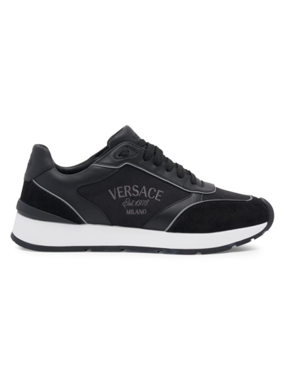 Versace Men's Logo Low-top Leather Sneakers In Black