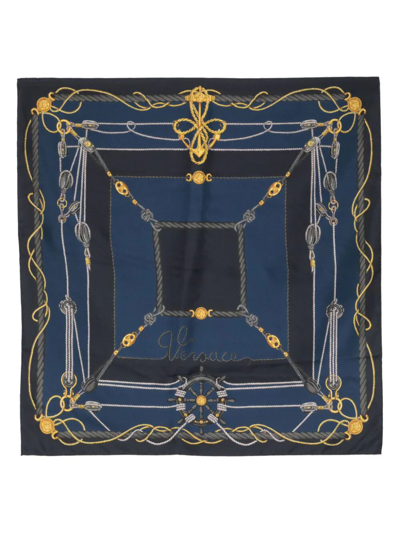 Versace Foulard 90x90 Baroque Block Print Printed Silk Twill In Navy Blue Gold