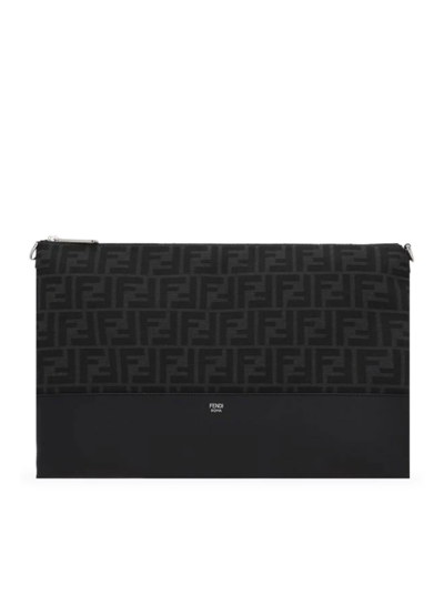 Fendi Leather And Fabric Pouch With Jacquard Ff Monogram In Black