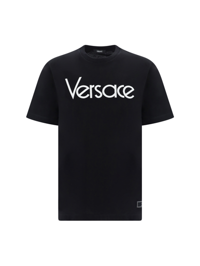 Versace Black Crewneck T-shirt With Contrasting Logo Lettering Print In Cotton