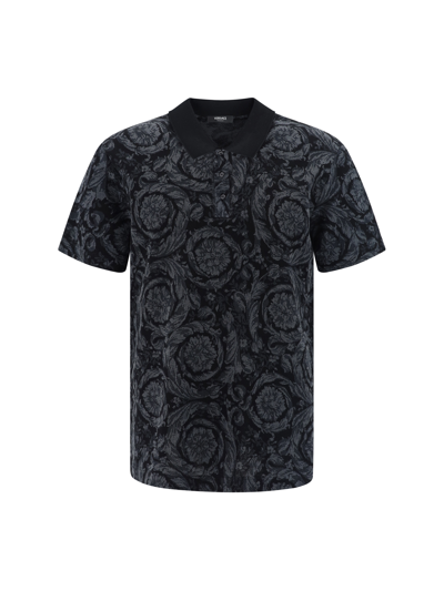 Versace Barocco Print Polo T-shirt In Grey
