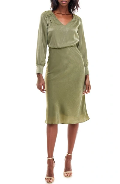 Socialite Bias Cut Long Sleeve Midi Dress In Loden Green