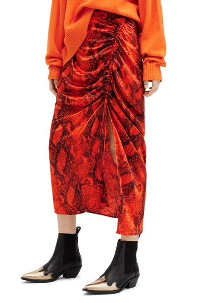 Allsaints Carla Tahoe Snake Print Ruched Satin Midi Skirt In Zesty Orange