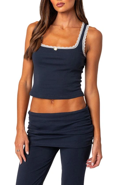 Edikted Kadence Lace Trim Crop Tank In Navy