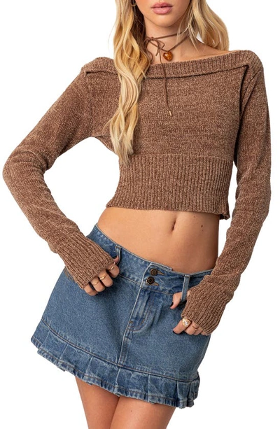 Edikted Farrah Off The Shoulder Crop Sweater In Brown