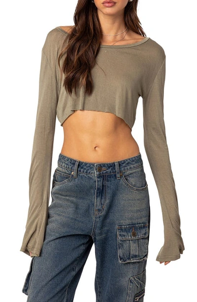 Edikted Sheer Raw Hem Crop Top In Olive