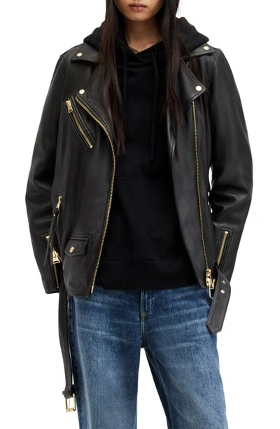 Allsaints Billie Oversize Leather Biker Jacket In Black/ Gold