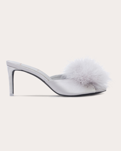 Black Suede Studio Ricca Feather Pom Mule Sandals In Grey Satin / Matching Feathers