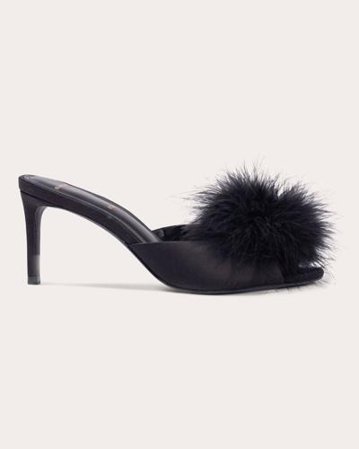 Black Suede Studio Ricca Feather Pom Mule Sandals In Black Satin / Matching Feathers
