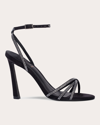 Black Suede Studio Serafina Crystal Satin Ankle-strap Sandals In Black Satin / Crystal Stones