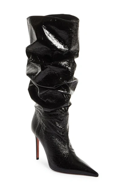 Amina Muaddi Jahleel Pointed Toe Boot In Crackle Black