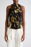 Giambattista Valli Floral-print Ruffle-bib Neck-tie Chiffon Sleeveless Blouse In Black/yellow