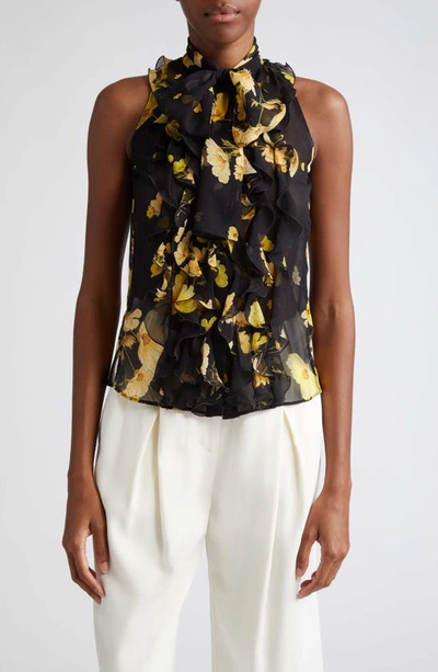 Giambattista Valli Floral-print Ruffle-bib Neck-tie Chiffon Sleeveless Blouse In Black Yellow