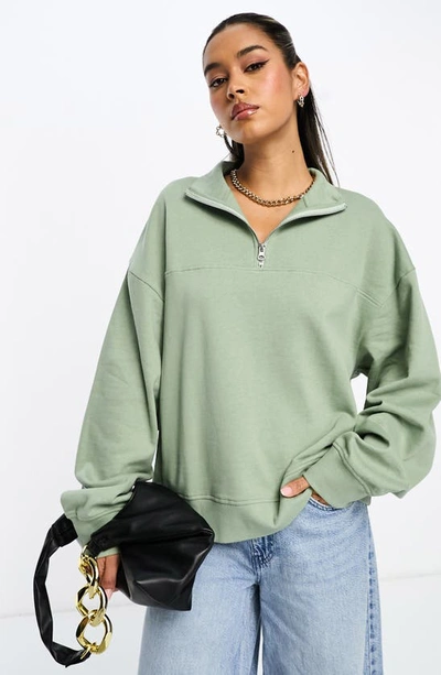 Asos Design Half Zip Sweatshirt In Sage Green